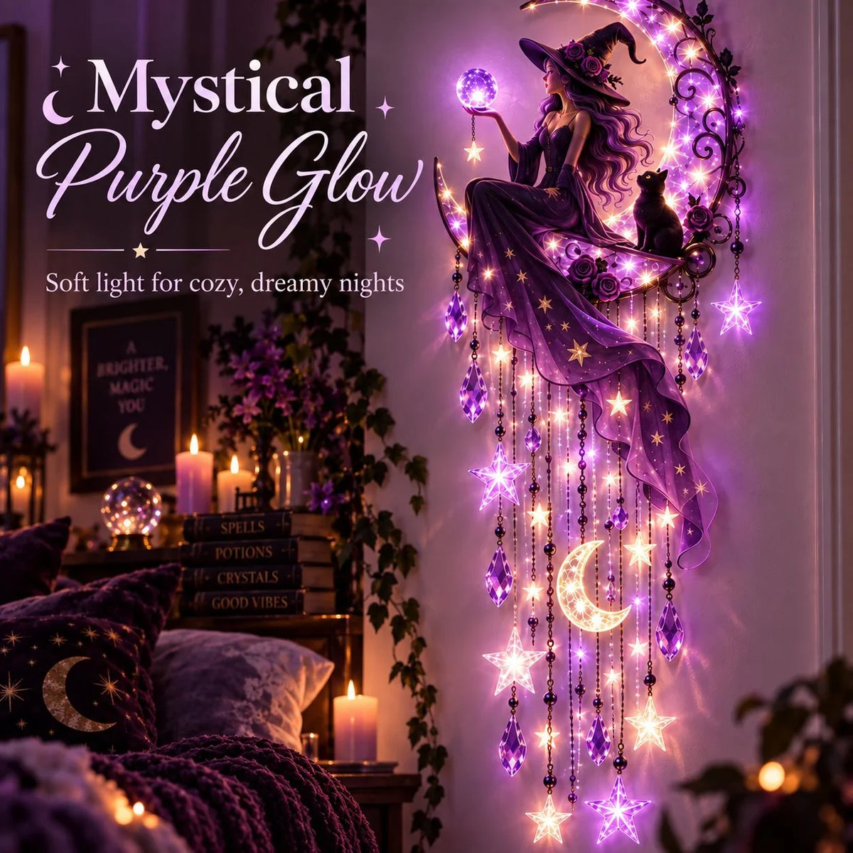 🌙✨ Witch Moon Starfall Wall Light – Celestial Hanging Decor with Purple Glow