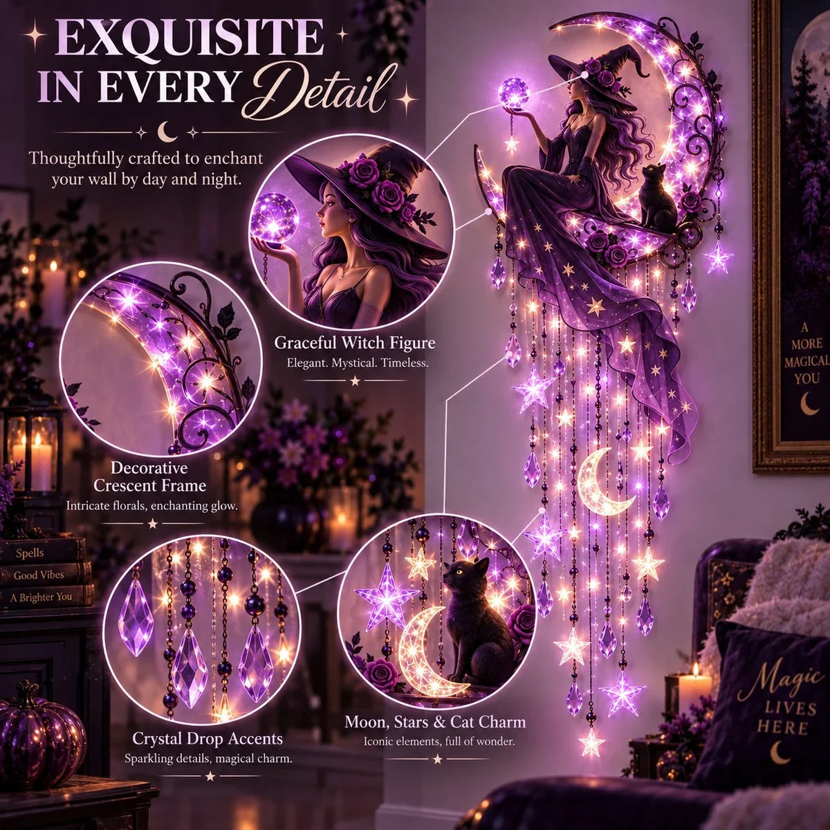 🌙✨ Witch Moon Starfall Wall Light – Celestial Hanging Decor with Purple Glow