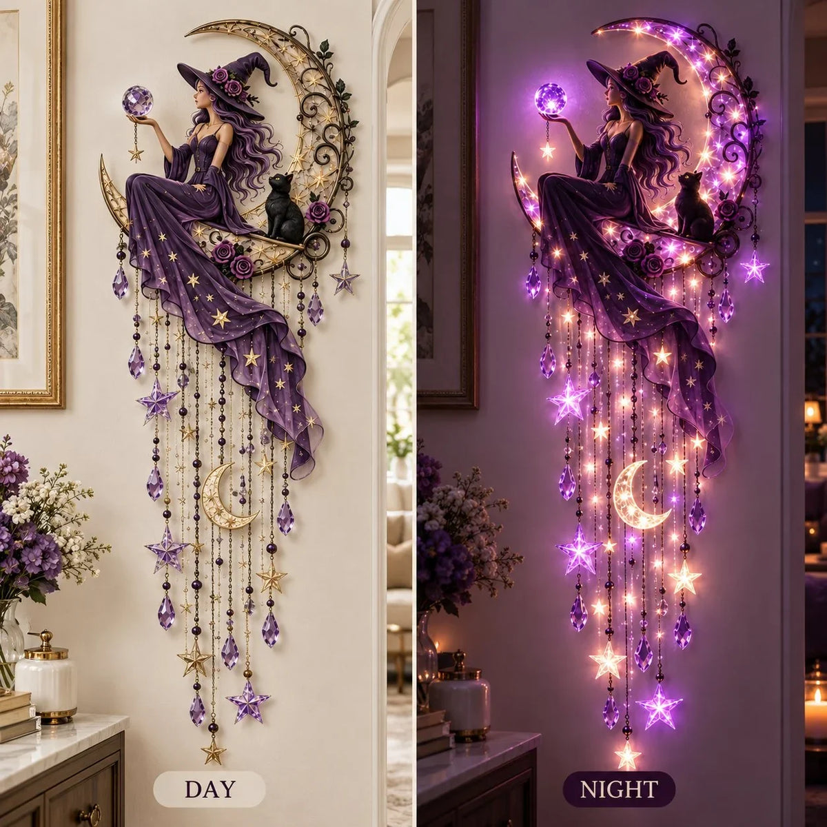 🌙✨ Witch Moon Starfall Wall Light – Celestial Hanging Decor with Purple Glow