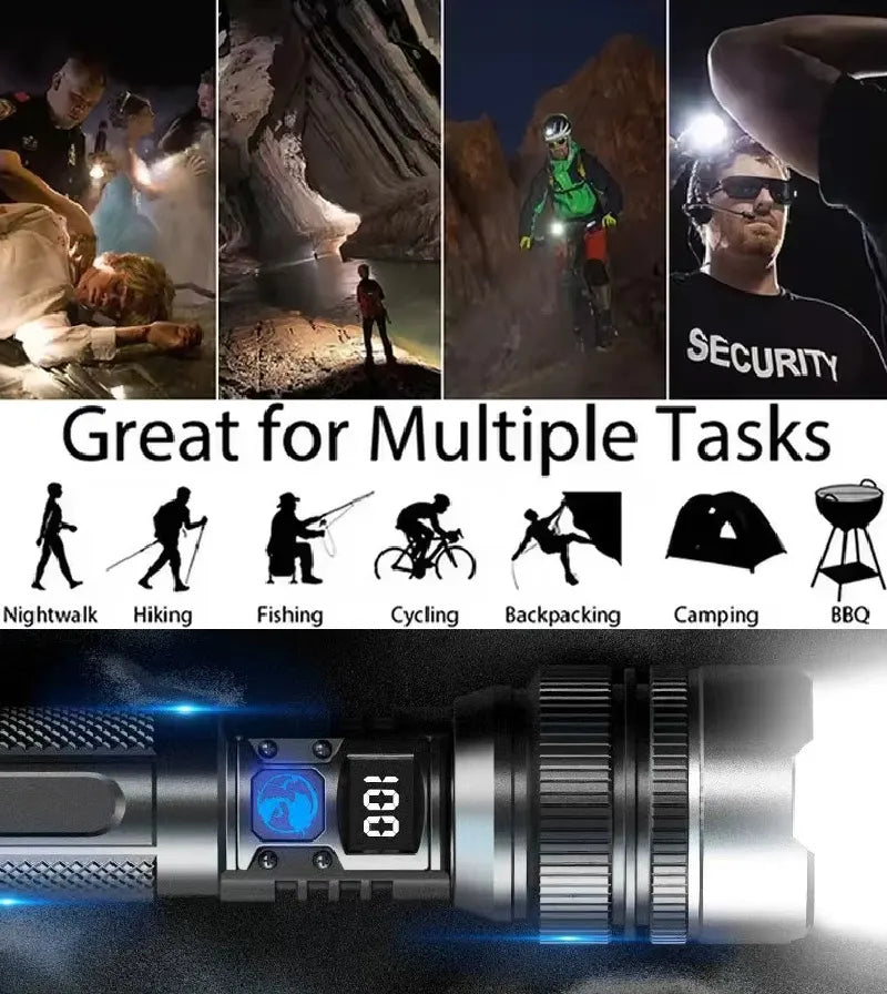 High-Power Rechargeable Zoom Flashlight with Digital Battery Display