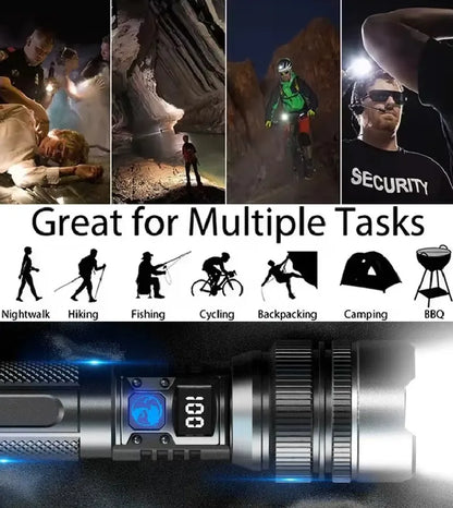 High-Power Rechargeable Zoom Flashlight with Digital Battery Display