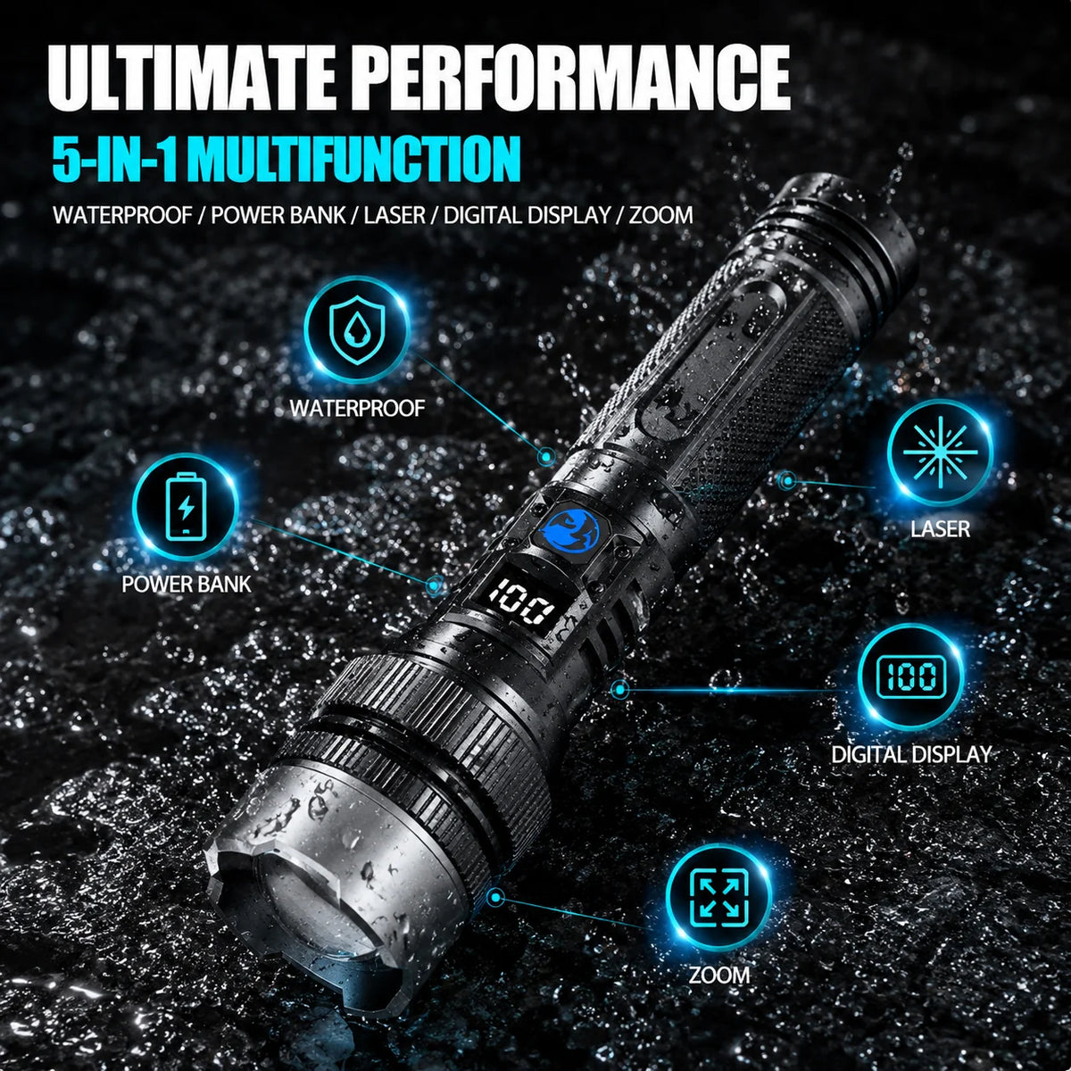 High-Power Rechargeable Zoom Flashlight with Digital Battery Display