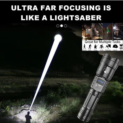 High-Power Rechargeable Zoom Flashlight with Digital Battery Display