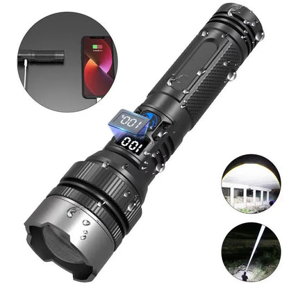 High-Power Rechargeable Zoom Flashlight with Digital Battery Display