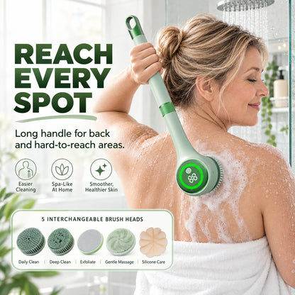 5-in-1 Electric Body Scrubber – Long Handle Shower Brush with 5 Interchangeable Heads
