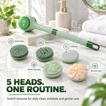 5-in-1 Electric Body Scrubber – Long Handle Shower Brush with 5 Interchangeable Heads