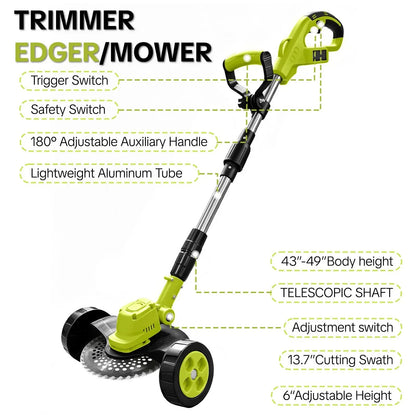 3-in-1 Cordless Lawn Mower, Grass Trimmer & Lawn Edger with 2×21V Batteries