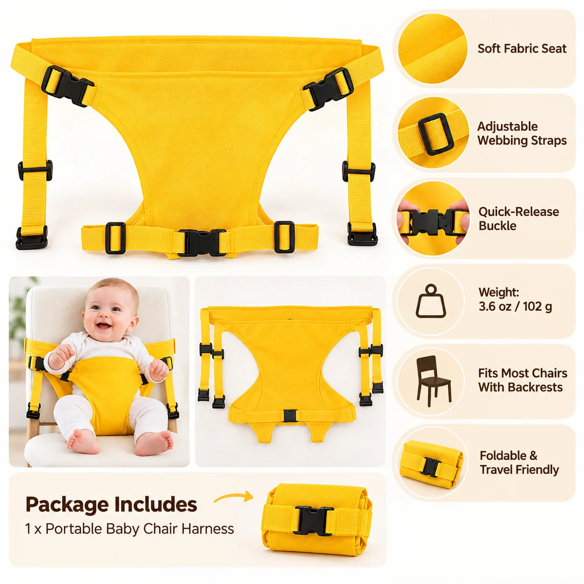 Portable Baby Chair Harness – Adjustable Foldable Baby Seat Belt for Dining & Travel