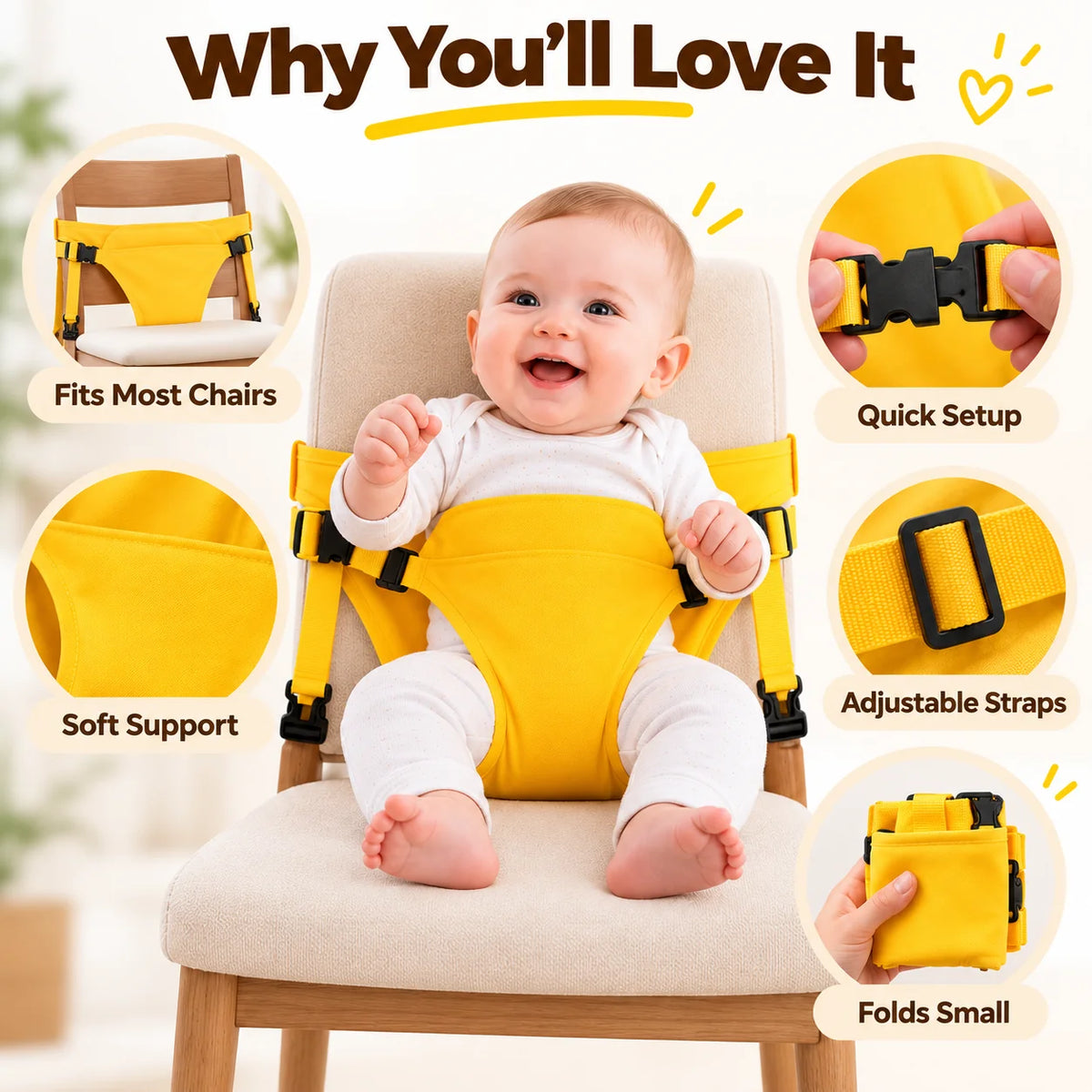 Portable Baby Chair Harness – Adjustable Foldable Baby Seat Belt for Dining & Travel