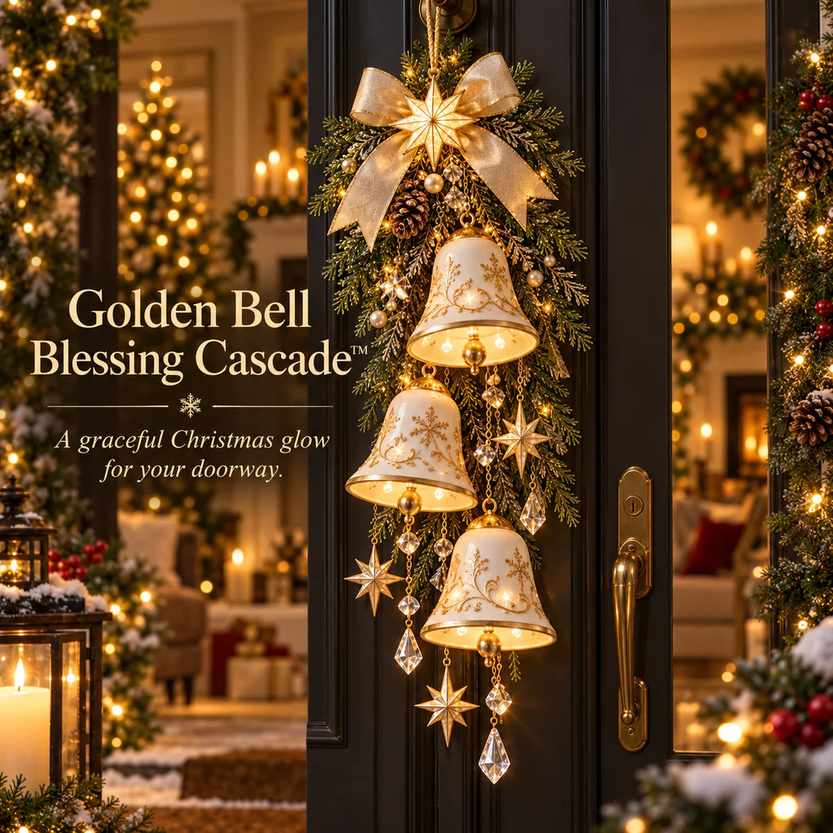 🔔✨last Day 49% Off✨✨ Golden Bell Blessing Cascade – Lighted Christmas Door Decor