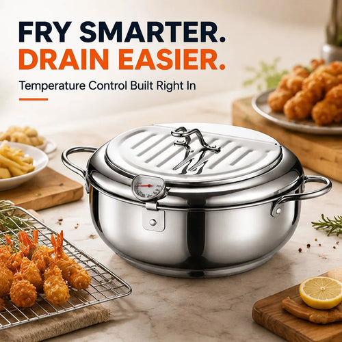 🍗 Free Shopping 🏆 304 Stainless Steel Stovetop Deep Fryer Pot – With Thermometer 🍟
