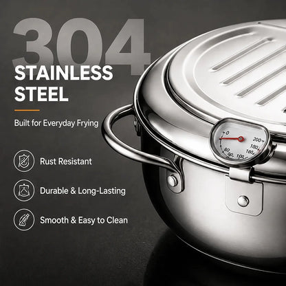 🍗 Free Shopping 🏆 304 Stainless Steel Stovetop Deep Fryer Pot – With Thermometer 🍟