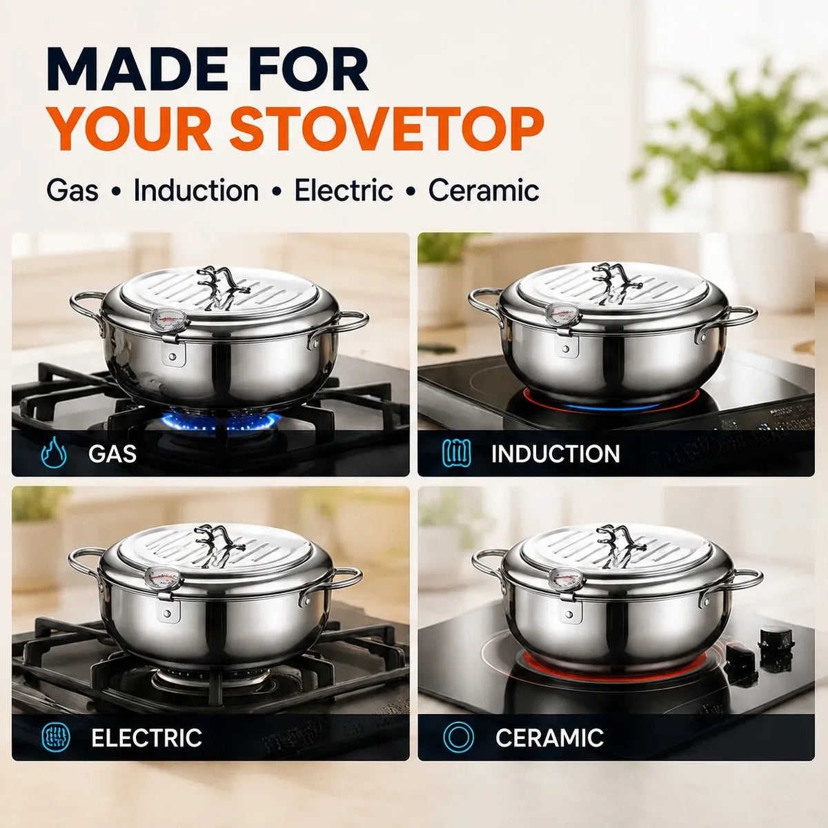 🍗 Free Shopping 🏆 304 Stainless Steel Stovetop Deep Fryer Pot – With Thermometer 🍟