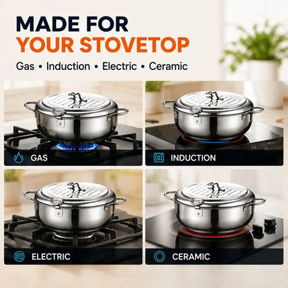🍗 Free Shopping 🏆 304 Stainless Steel Stovetop Deep Fryer Pot – With Thermometer 🍟