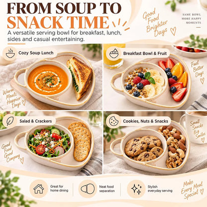 2-in-1 Ceramic Soup Bowl with Dual Compartments – Soup & Snacks Serving Dish