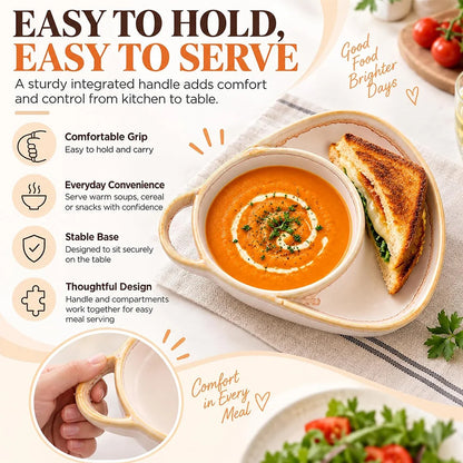 2-in-1 Ceramic Soup Bowl with Dual Compartments – Soup & Snacks Serving Dish