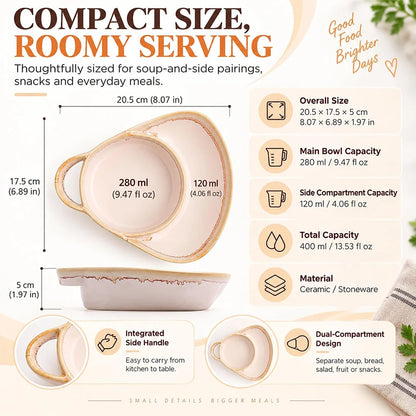 2-in-1 Ceramic Soup Bowl with Dual Compartments – Soup & Snacks Serving Dish