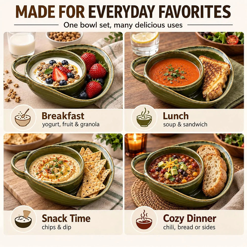 2-in-1 Ceramic Soup Bowl with Dual Compartments – Soup & Snacks Serving Dish