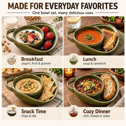 2-in-1 Ceramic Soup Bowl with Dual Compartments – Soup & Snacks Serving Dish