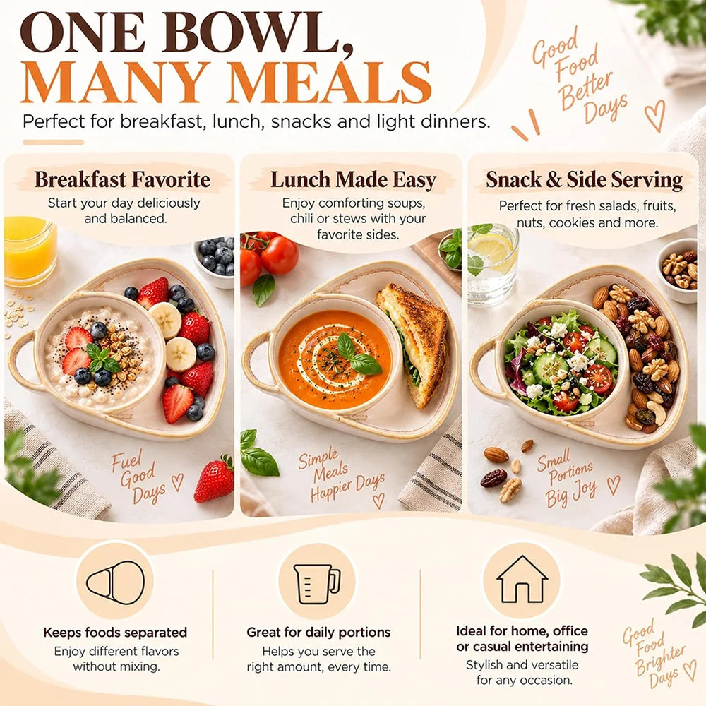 2-in-1 Ceramic Soup Bowl with Dual Compartments – Soup & Snacks Serving Dish