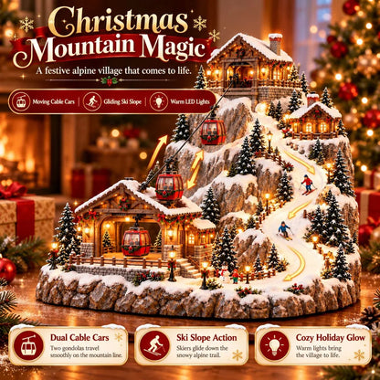 ⛷️✨Animated Christmas Mountain Cable Car & Ski Village Scene