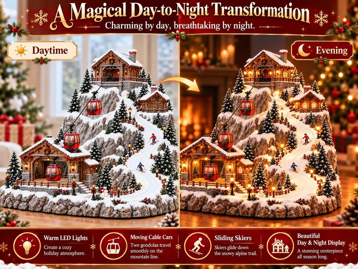 ⛷️✨Animated Christmas Mountain Cable Car & Ski Village Scene