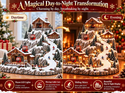 ⛷️✨Animated Christmas Mountain Cable Car & Ski Village Scene