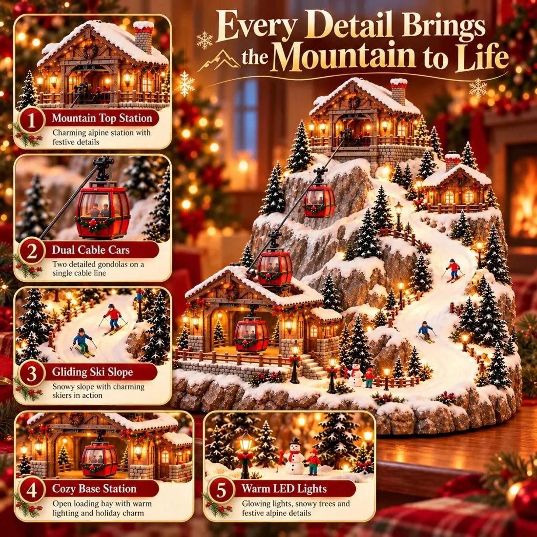 ⛷️✨Animated Christmas Mountain Cable Car & Ski Village Scene