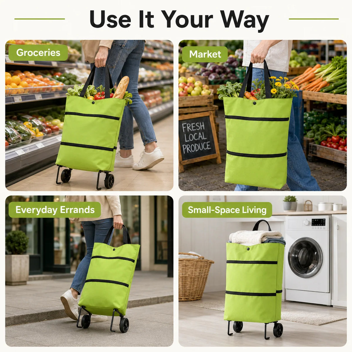 Foldable Grocery Shopping Bag with Wheels – Reusable Rolling Shopping Tote