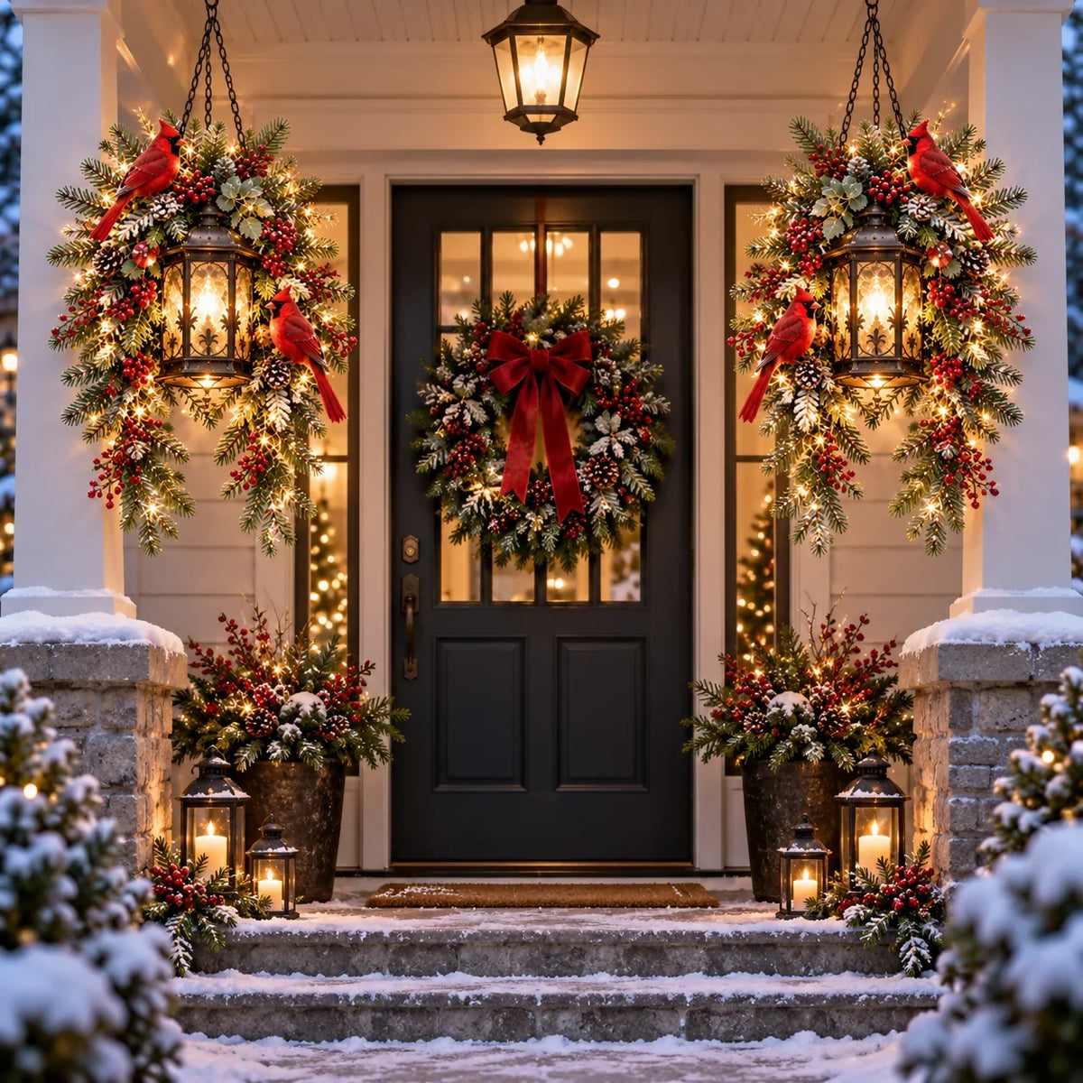🎄 Christmas Porch Glow – Pre-lit Holiday Lantern & Evergreen Decor | 3 Festive Styles