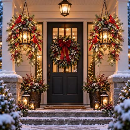 🎄 Christmas Porch Glow – Pre-lit Holiday Lantern & Evergreen Decor | 3 Festive Styles