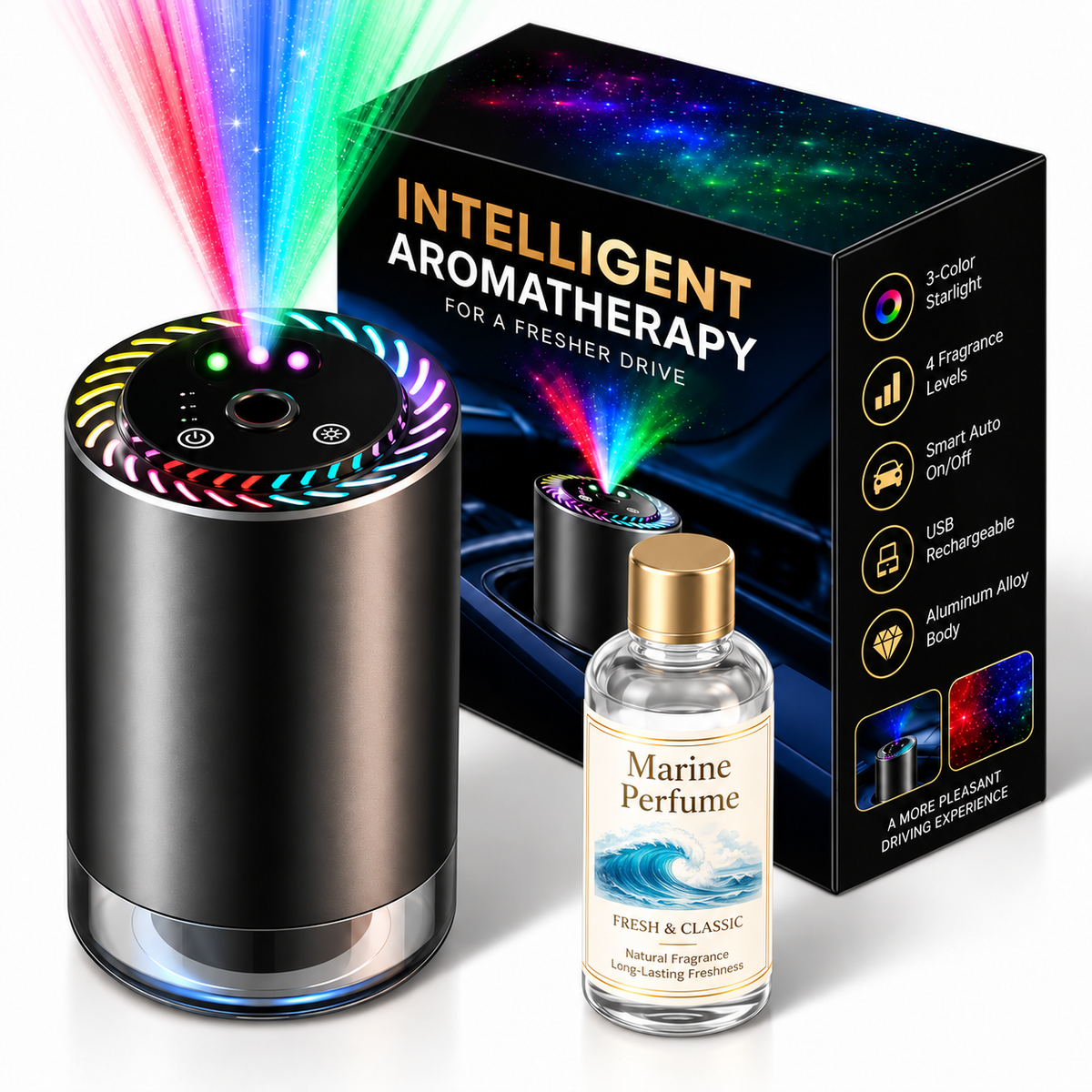 Smart Car Fragrance Diffuser – 3-Color Starlight & Auto On/Off