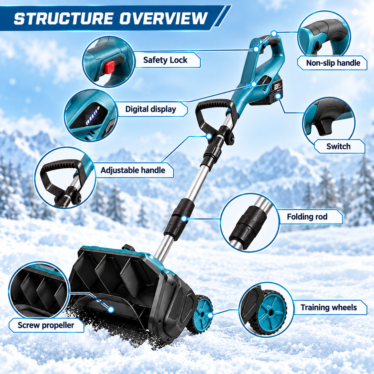 Brushless Cordless Snow Shovel Foldable with Wheels | For Makita 18V Battery