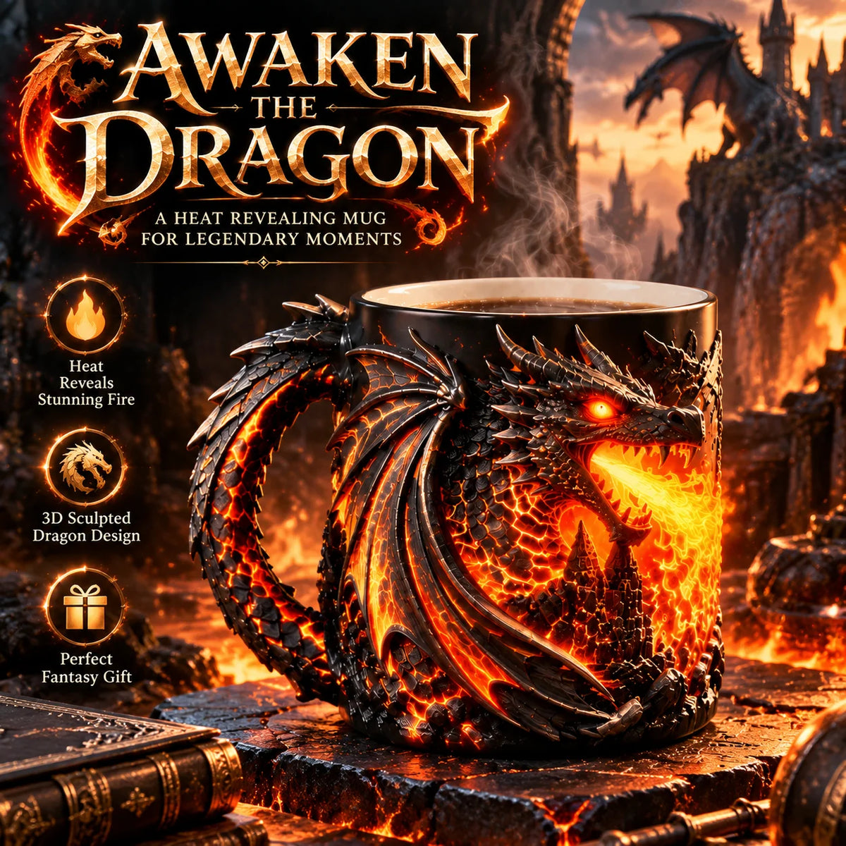 🐉🔥 Dragonfire Heat-Reveal Magic Mug – Color Changing 3D Dragon Coffee Cup