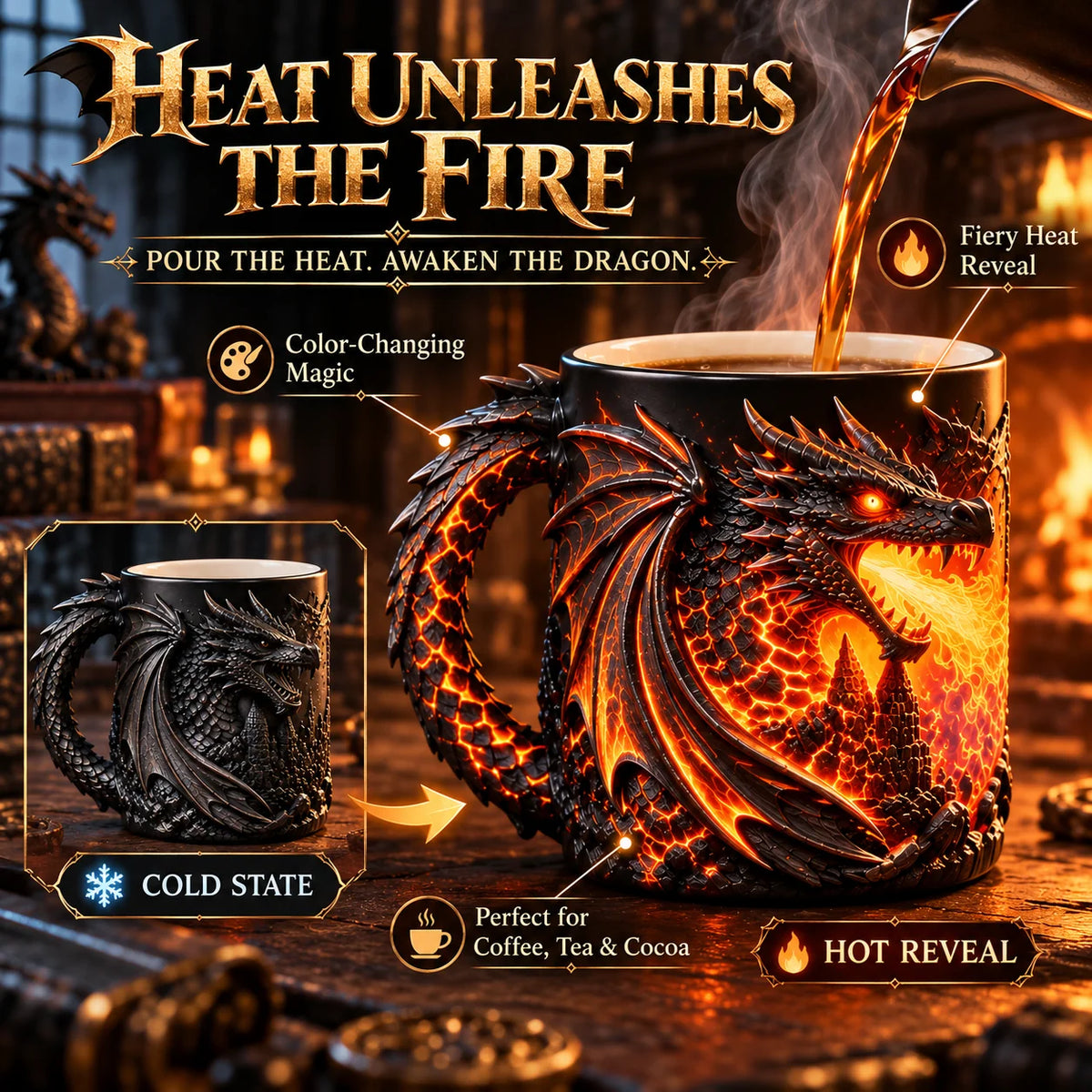 🐉🔥 Dragonfire Heat-Reveal Magic Mug – Color Changing 3D Dragon Coffee Cup