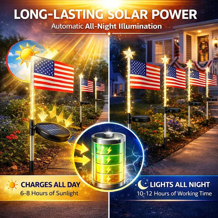 ☀️8-in-1 Solar American Flag Garden Stakes✨ IP65 Weatherproof & Auto-On Patriotic Decor