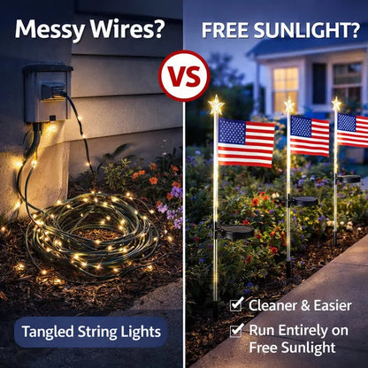 ☀️8-in-1 Solar American Flag Garden Stakes✨ IP65 Weatherproof & Auto-On Patriotic Decor