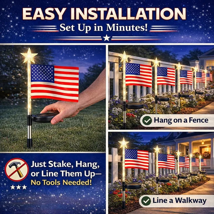 ☀️8-in-1 Solar American Flag Garden Stakes✨ IP65 Weatherproof & Auto-On Patriotic Decor