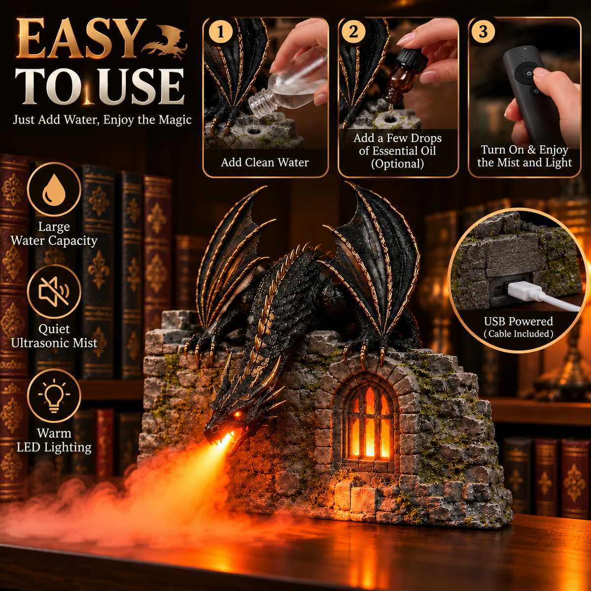 🔥🐉 Dragonfire Mist Humidifier – Glowing Fantasy Castle Decor