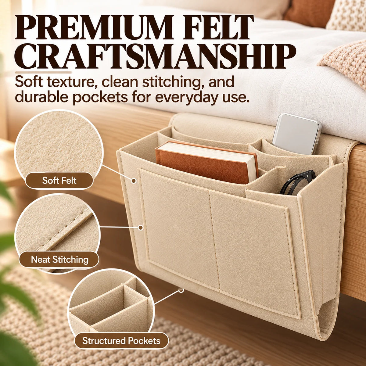 🛏️ Bedside Hanging Organizer – Multi-Pocket Storage Caddy for Bed & Sofa