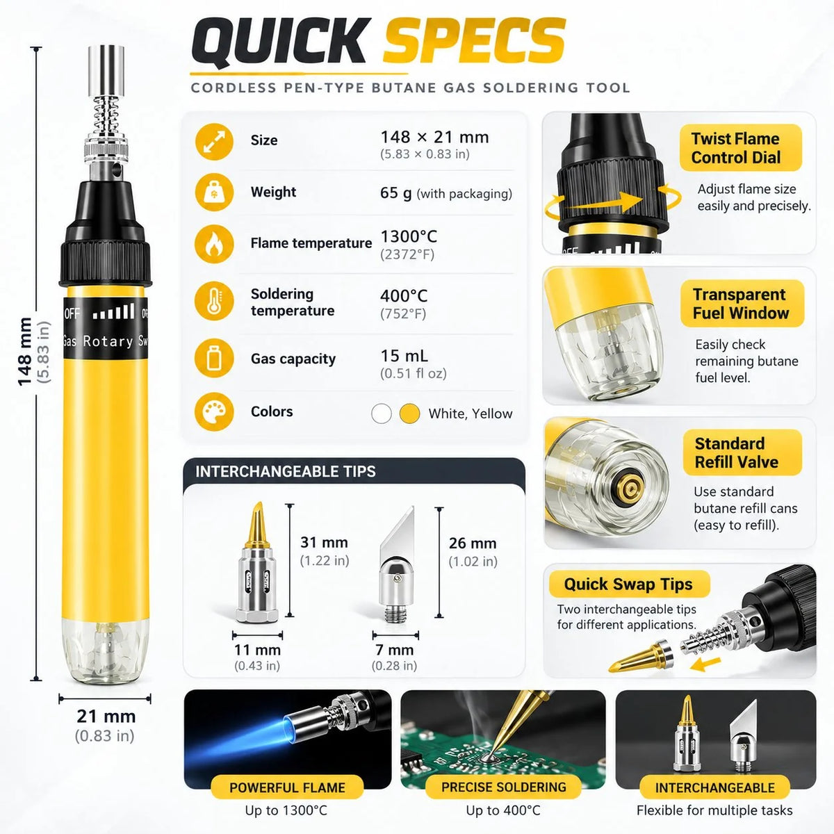 Cordless Butane Soldering Pen 🔥 – 1300°C Flame with Interchangeable Tips