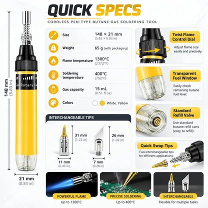 Cordless Butane Soldering Pen 🔥 – 1300°C Flame with Interchangeable Tips