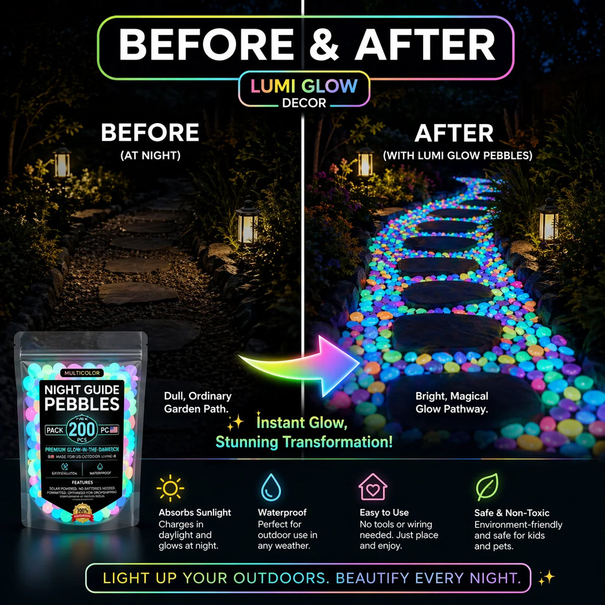🌈Colorful Glow-in-the-Dark Garden Stones – Luminous Pebbles for Outdoor Decor