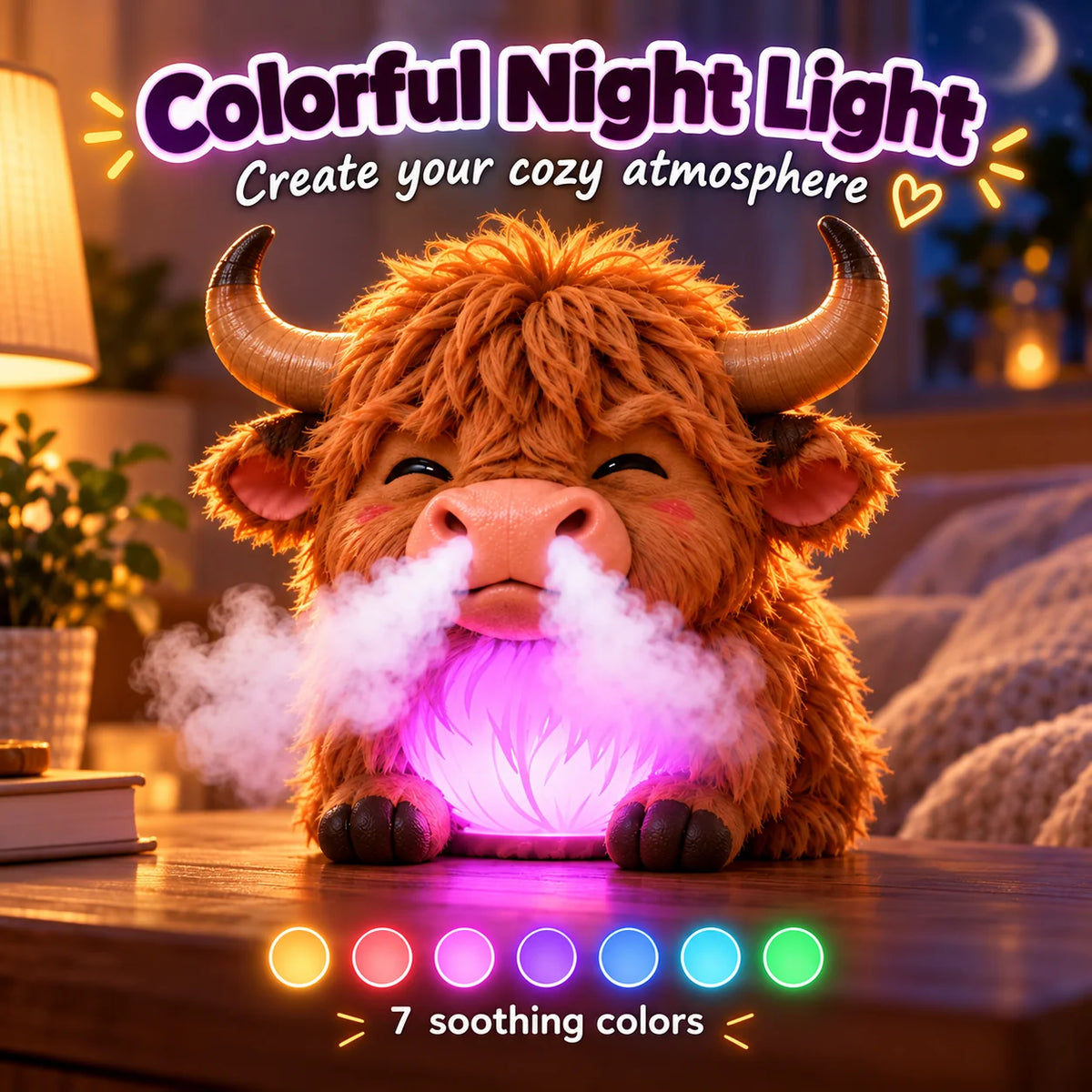 🐮 Highland Cow Huff – Tap-to-Puff Humidifier & Colorful Night Light ✨🎁