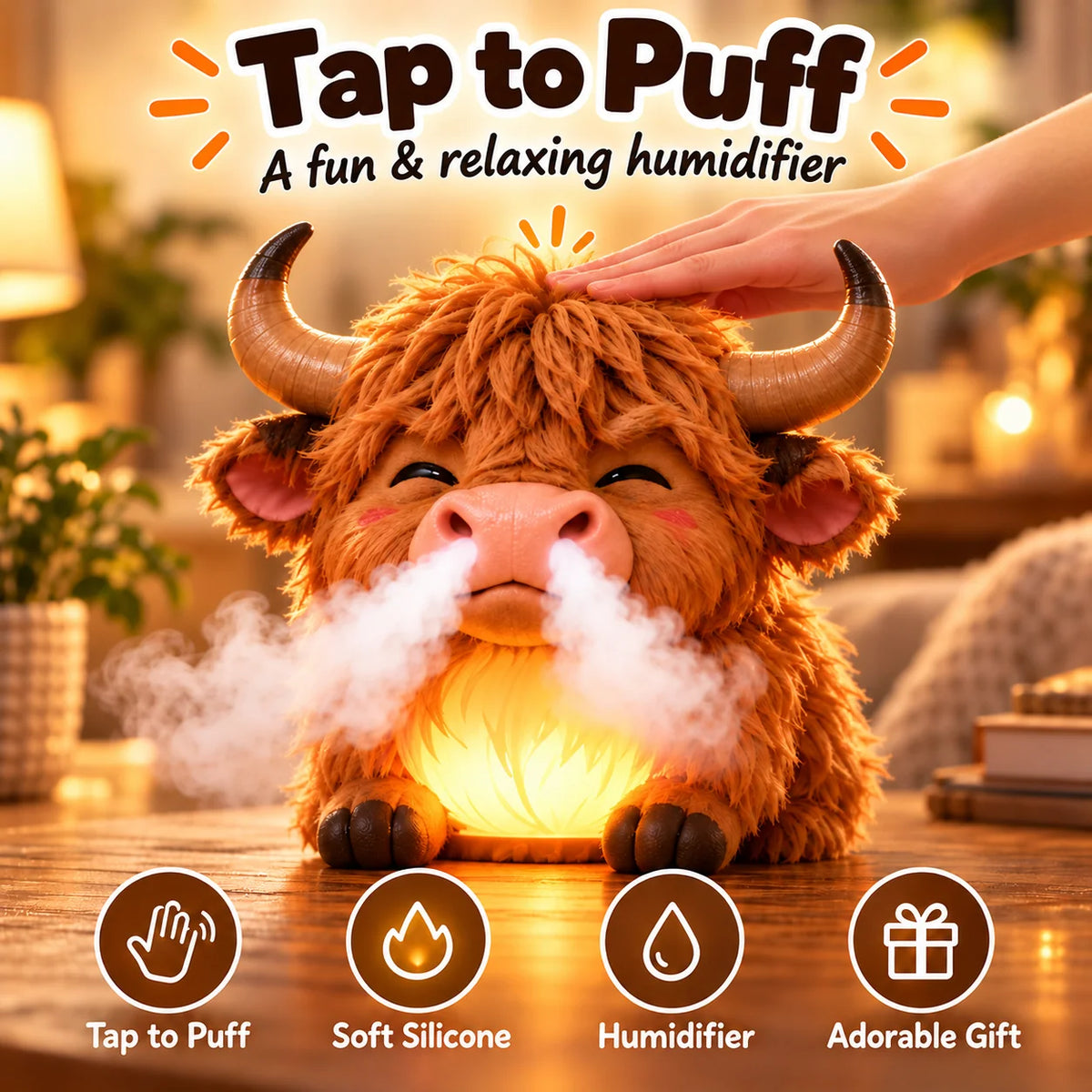 🐮 Highland Cow Huff – Tap-to-Puff Humidifier & Colorful Night Light ✨🎁