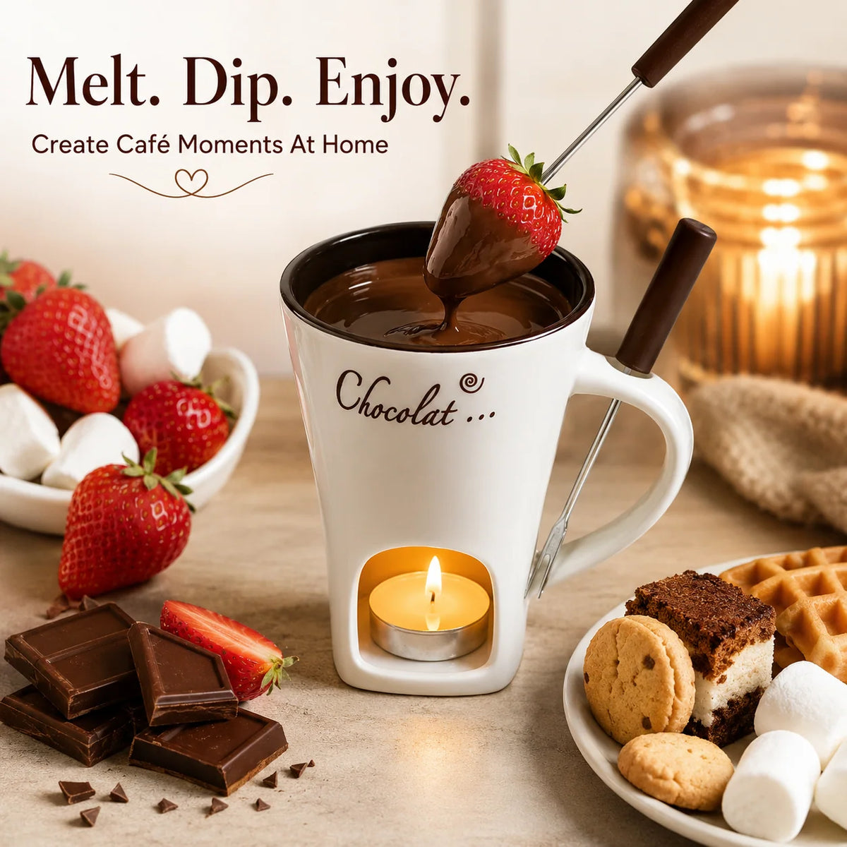 🍫 Candle-Heated Ceramic Fondue Mug Set with Dipping Fork