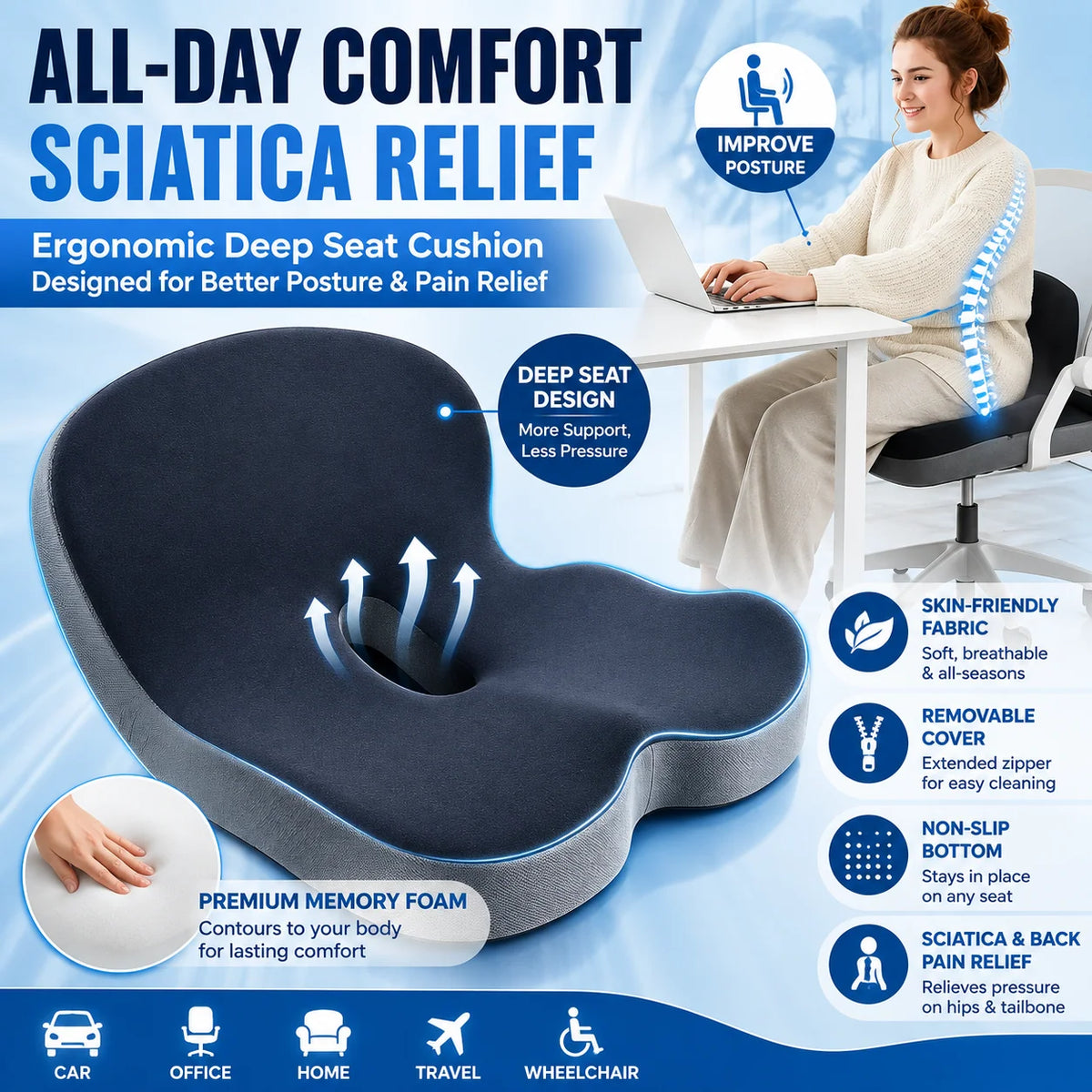 🪑Non-Slip Memory Foam Seat Cushion with Removable Washable Cover