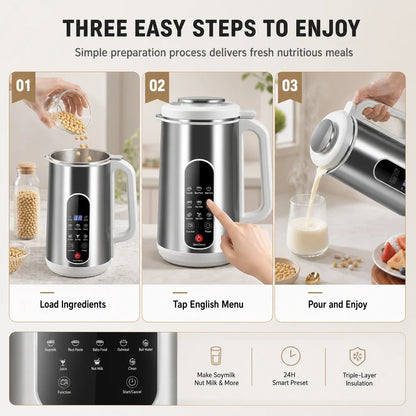 Multi-Functional 304 Stainless Steel Soy Milk Maker and High- Blender Large Capacity Filter-Free Household Food Processor with Smart Timer