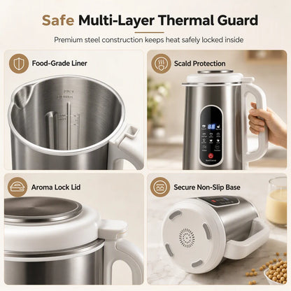 Multi-Functional 304 Stainless Steel Soy Milk Maker and High- Blender Large Capacity Filter-Free Household Food Processor with Smart Timer