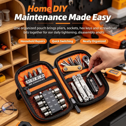 🔥🎁Portable EDC Repair Tool Kit, Multi-functional Hand Tool Set with Socket Wrench, Screwdriver Bits, Hex Keys & Multitool, Compact Zipper Storage Pouch
